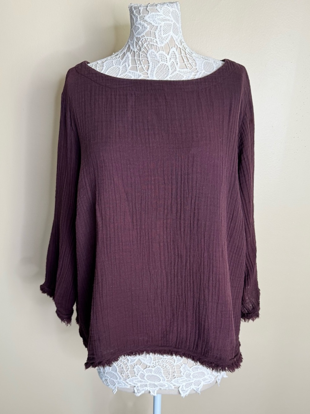 Eileen Fisher Organic Cotton 3/4 Sleeve Fringe Hem Pullover Top Plum size 2X
